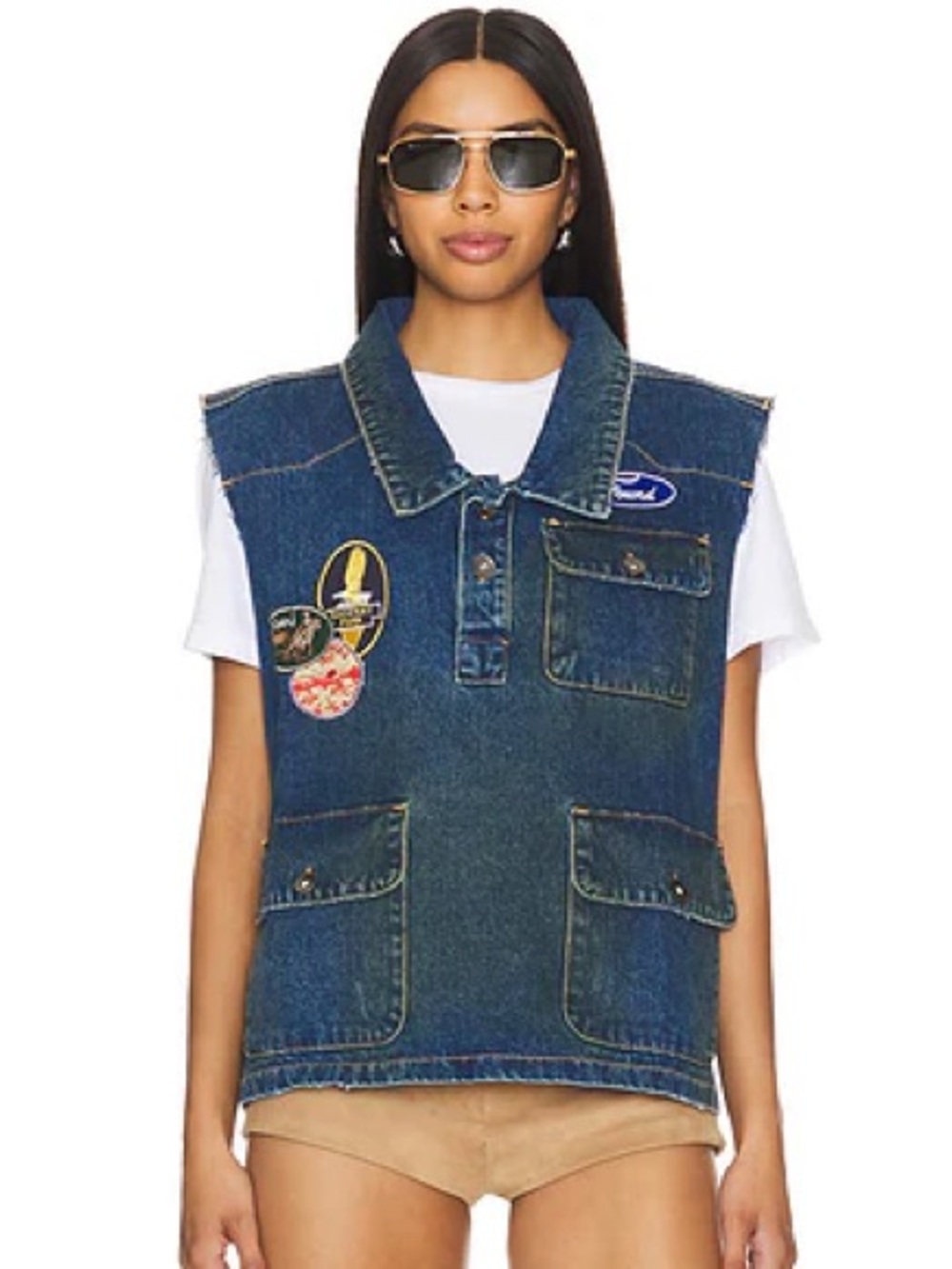 FOUND Revolve Patch Denim Vest L Vintage Blue Distressed Racing Utility Western